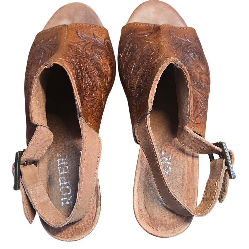 Roper Brown Floral Tooled Embossed Block 3"Heel Slingback Sandals Open Toe 7 GUC - Picture 4 of 8